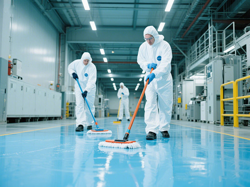 Workers cleaning different types of food processing flooring