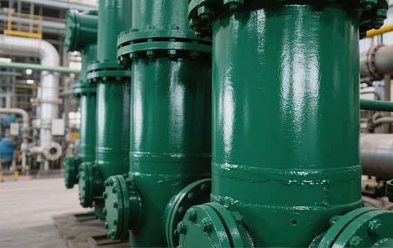 Técnicos pulverizando revestimiento de poliuretano de dos componentes en el recipiente del reactor de una planta química, utilizando respiradores con suministro de aire.