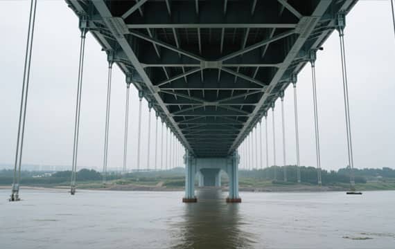 Construction crew applying zinc-rich primer to steel girders during bridge fabrication