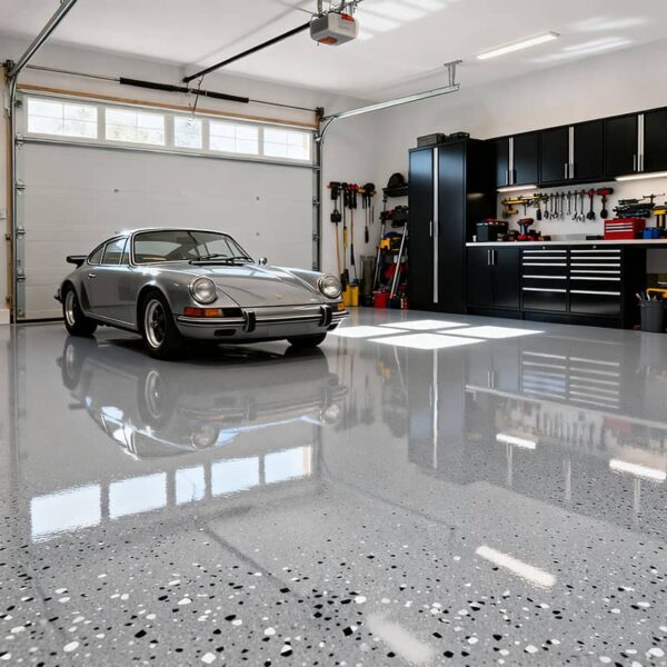 A modern double-car garage featuring our light gray polyurea floor coating with black and white flakes, showcasing a high-gloss finish that perfectly reflects sunlight and a vintage sports car. This professional photo demonstrates the transformative effect of our durable garage floor coating system.