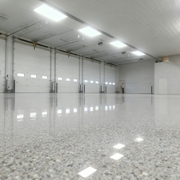 A stunning, high-gloss mica broadcast garage floor created with FortiCoat ProBase 200 clear epoxy, showing a seamless and durable finish.
