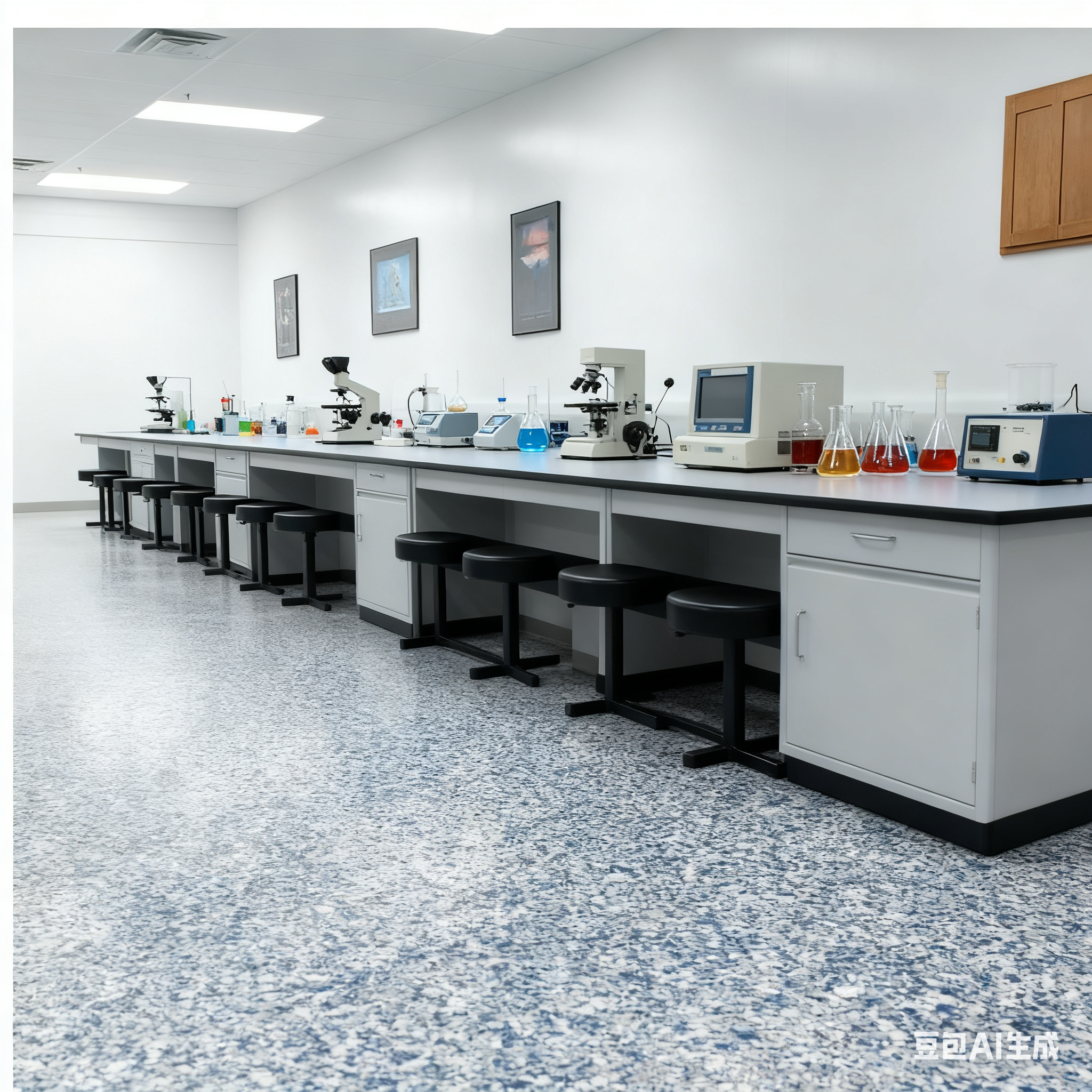 FortiFlex C seamless resinous flooring in a laboratory, providing a non-porous, hygienic surface that withstands chemical spills and heavy equipment traffic for easy cleanup and maintenance.