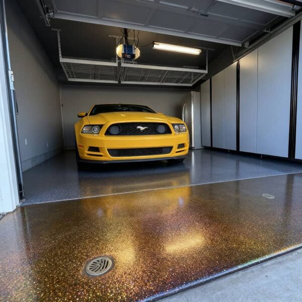 Close-up view of our durable garage floor coating showing the metallic flake blend and anti-skid texture for safety.