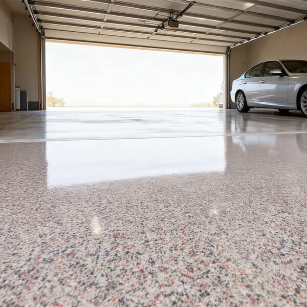 Custom polyurea garage floor with decorative flakes, creating a unique and attractive non-slip surface.
