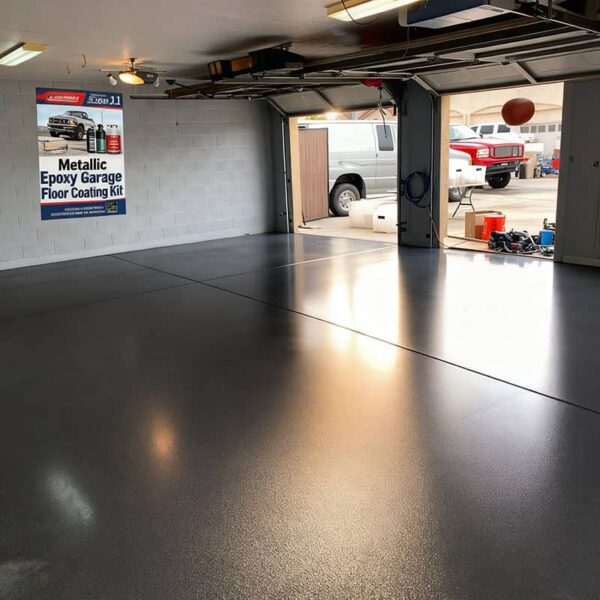 A homeowner easily applies the TruAlloy metallic epoxy floor coating kit, demonstrating the simple DIY process.