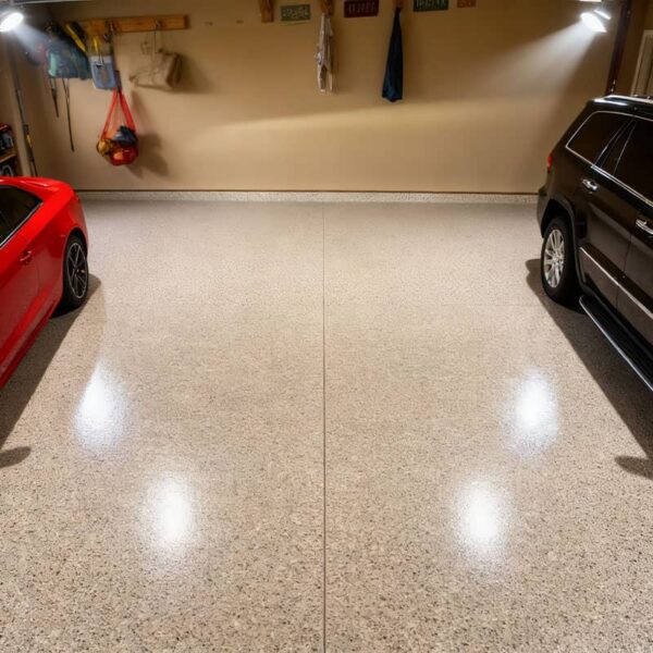 Close-up of a durable polyurea garage floor coating, resistant to stains, chemicals, and abrasion.