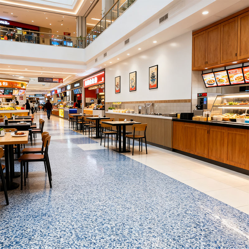 Elegant and durable FortiFlex C decorative vinyl chip flooring in a commercial lobby, showcasing a custom blend of colorful chips and a UV-stable, glossy topcoat that resists fading.