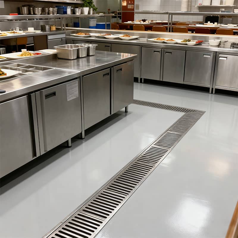 Durable FortiFlex HB resinous flooring in a busy commercial kitchen, showing resistance to thermal shock, grease, and chemical cleaners with a seamless, easy-to-clean surface.