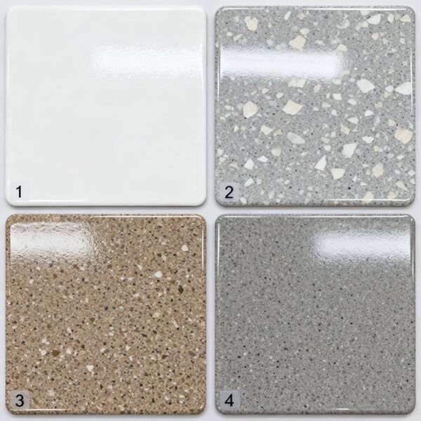 Choose your perfect garage floor from our polyurea coating samples: solid white, gray with light flakes, tan with medium flakes, or a full flake broadcast design.