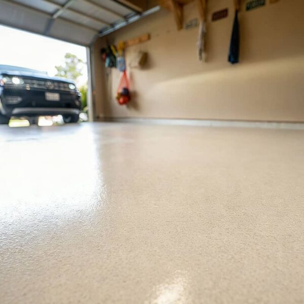 Glossy finish of a DIY polyurea garage floor kit in a residential garage, showcasing its reflective surface.
