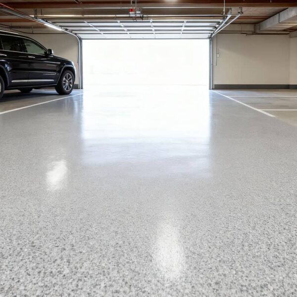 A beautifully finished polyurea garage floor coating showing a high-gloss, seamless gray surface.