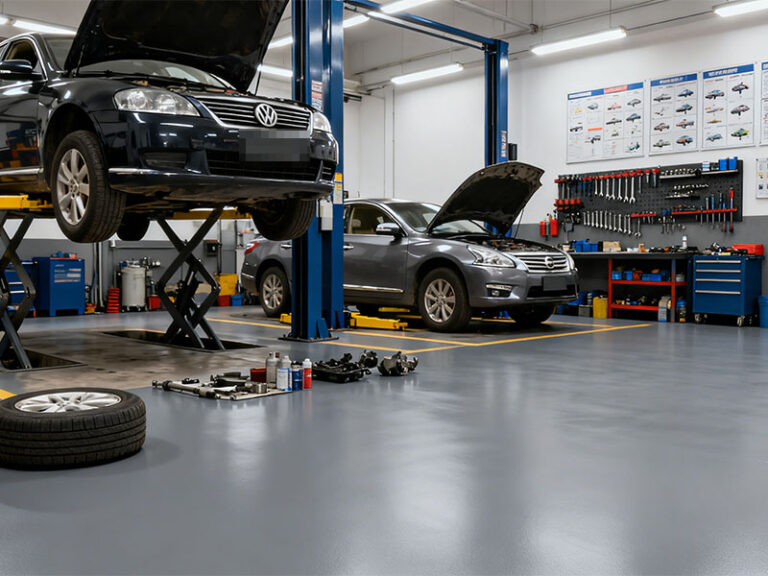 Professional automotive service bay with durable gray polyurethane floor coating resisting hot tires and chemical spills