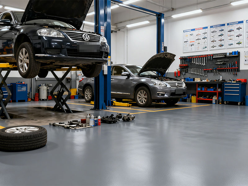 Professional automotive service bay with durable gray polyurethane floor coating resisting hot tires and chemical spills