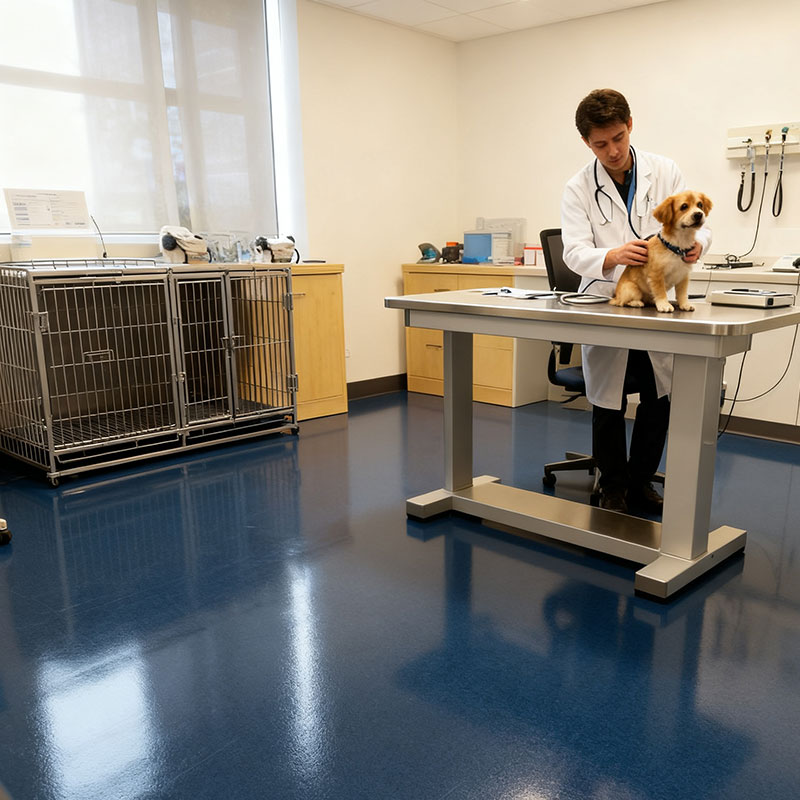Hygienic and chemical-resistant FortiFlex Q flooring in a veterinary clinic, showcasing a seamless, non-porous surface that withstands stains, scratches, and frequent sanitization.