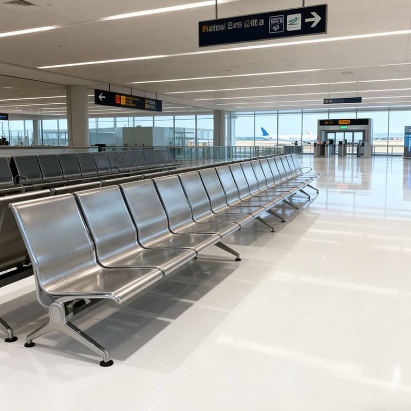 Durable and chemically resistant FortiFlex S flooring in a busy airport terminal, designed to withstand constant rolling luggage and cart traffic with minimal maintenance and a consistently new appearance.