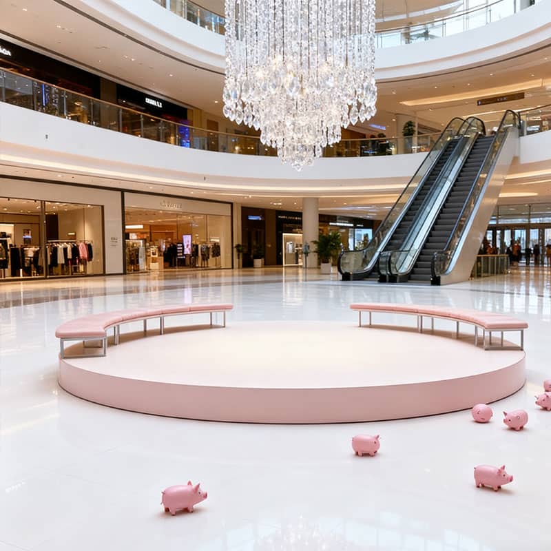High-gloss FortiFlex S seamless flooring in a modern shopping mall, showcasing a pristine, solid-colored surface that reflects light to enhance brightness and is easy to clean under heavy foot traffic.