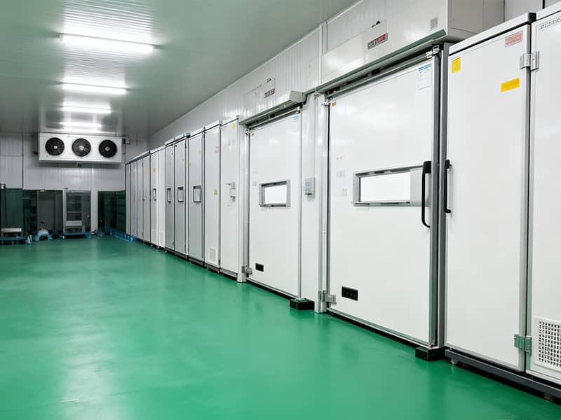 Professional installation of seamless spray polyurethane foam (SPF) flooring in an industrial cold storage warehouse, showing the smooth, continuous insulation layer applied to a large floor area.