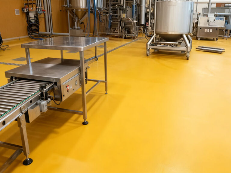 A seamless polyurethane flooring system in a modern food processing plant, showcasing a hygienic and durable surface.
