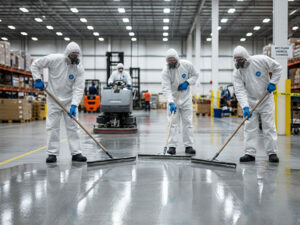 Protecting industrial floors with a clear coating.
