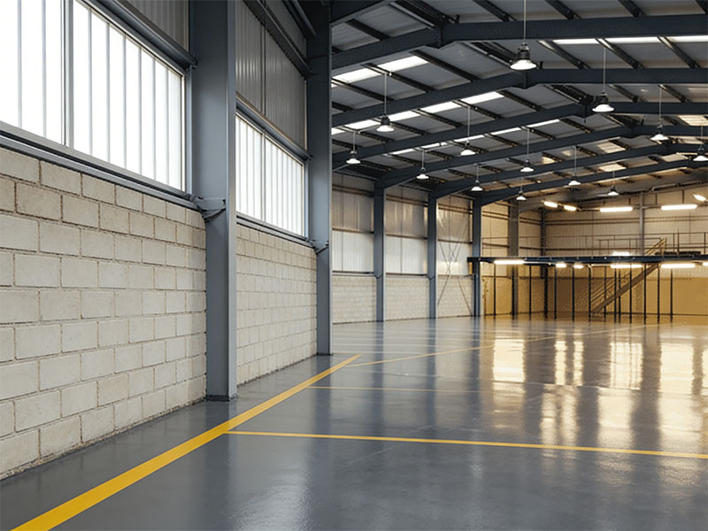 Kaida Contractor's warehouse epoxy flooring: High-gloss, wear-resistant, line-marked (supports heavy logistics traffic, easy to maintain).