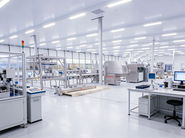Seamless TerraFlex AC urethane flooring in a manufacturing facility: durable, chemical-resistant cementitious floor with production equipment and workstations.