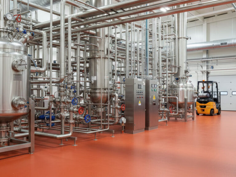 A high-performance orange-red urethane floor system in an industrial chemical plant featuring anti-slip texture and NMP resistance for anode operating environments.