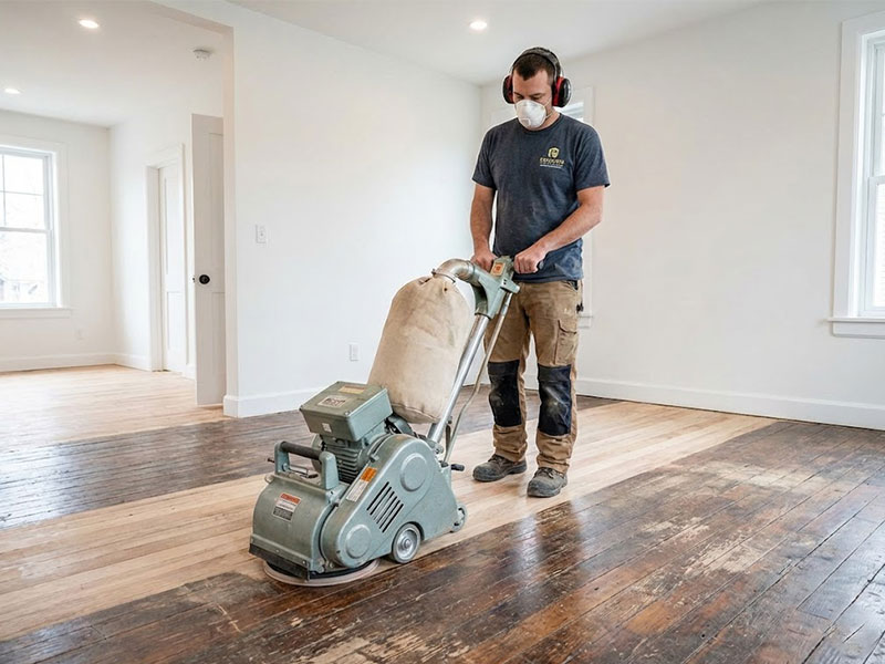 A professional contractor using a large random orbital floor sander to remove all old finish from a wide-plank wood floor for a full refinish.