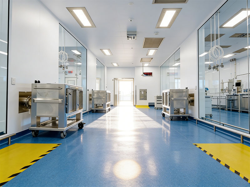 Kaida's finished blue polyurethane flooring in a pharmaceutical cleanroom: Seamless, slip-resistant, and high-gloss surface that meets sterile cleanroom standards—delivering durability, easy sanitization, and bright light reflection for operational efficiency.