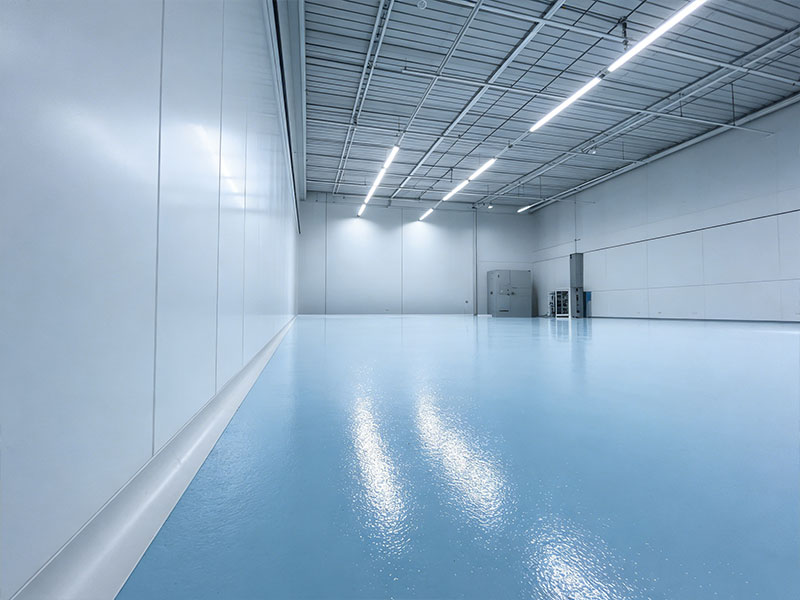 Kaida's installed blue polyurethane flooring in a pharmaceutical cleanroom: Seamless, high-gloss surface with exceptional light reflection, delivering sterile, durable, and industry-compliant flooring for controlled cleanroom environments.