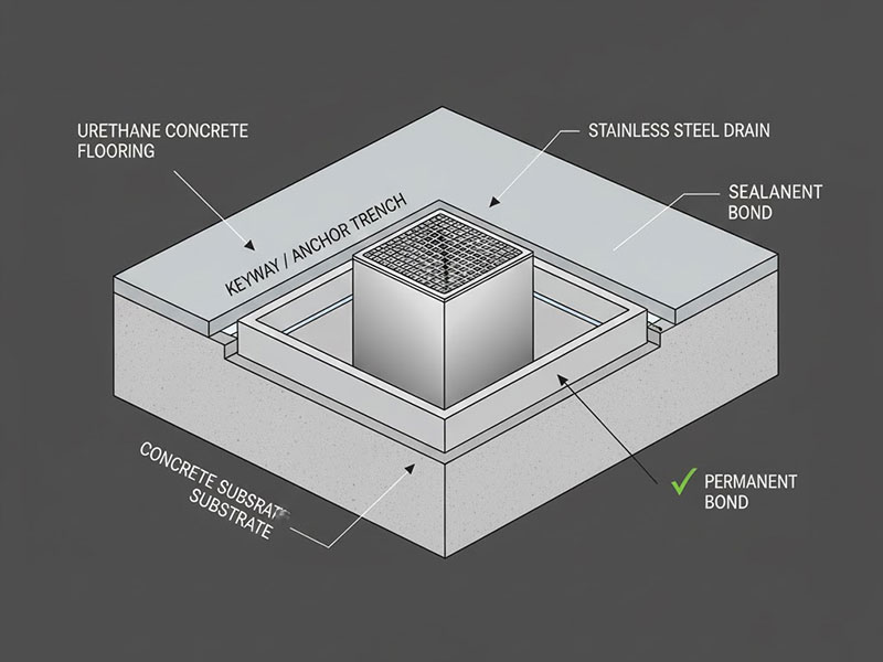 Diagram of a keyed anchor trench detail around a floor drain to prevent floor failure.