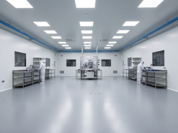 A professional cleanroom facility featuring a seamless, light grey Polypro XT Topcoat TX floor, showing workers in protective suits and highlighting the durable, abrasion-resistant finish of this industrial water-based epoxy coating.