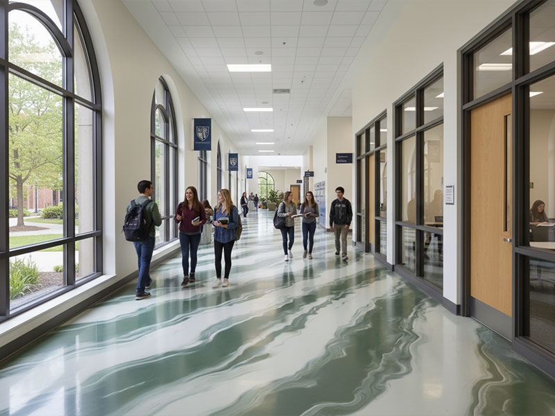 A modern university hallway featuring decorative green and white marbled FlexTop SL System elastomeric flooring designed for acoustic control and ergonomic underfoot comfort.