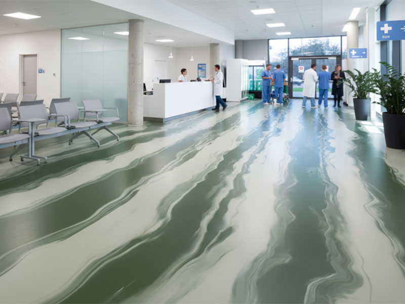 Modern hospital lobby featuring the FlexTop SL System, a decorative elastomeric floor with a green and white marble wave design, offering ergonomic comfort and acoustic dampening for healthcare environments.