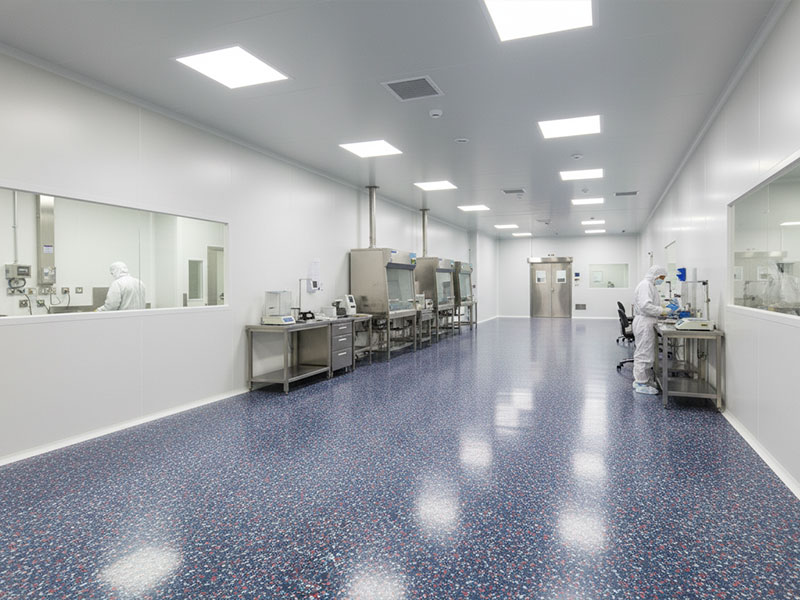 A pharmaceutical cleanroom laboratory featuring ResuField Deco Flake BC, a functional decorative mosaic pattern epoxy flooring with chemical-resistant properties.