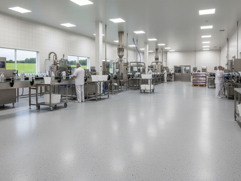 A clean industrial pharmaceutical or food processing facility featuring ResuShield Cove Rez seamless epoxy flooring and cove base for a hygienic, chemical-resistant environment.