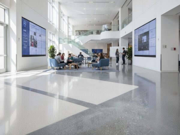 A spacious, modern building atrium featuring ResuShield Terrazzo TG, a polished decorative epoxy terrazzo flooring system with a sleek finish and geometric designs.