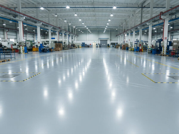 A clean, high-gloss grey industrial floor in a large warehouse facility, showcasing the reflective finish of the ResuShield XT Topcoat resin system.
