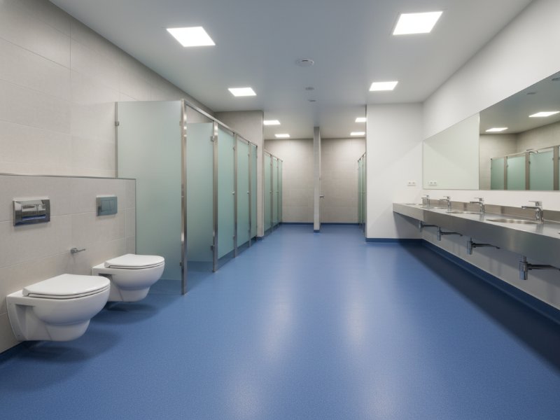 A modern commercial restroom with seamless blue slip-resistant flooring, wall-mounted toilets, and a long stainless steel sink counter under bright LED lighting.