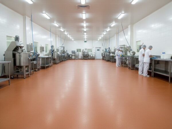 Industrial food processing facility with a seamless orange floor coated in CrylForte Shield fast-curing MMA resin for high durability and hygienic performance.