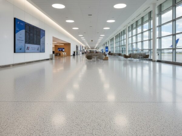 A large, modern airport terminal featuring a high-gloss, seamless CrylForte Deco Flake SL self-leveling flooring system with decorative vinyl paint chips and fast-curing MMA resin.