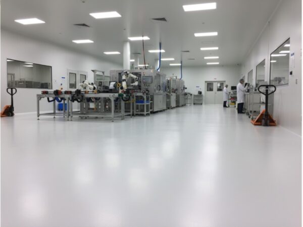 An industrial manufacturing facility featuring a bright, seamless white CrylForte Gard SL self-leveling MMA floor coating with a smooth and reflective finish.