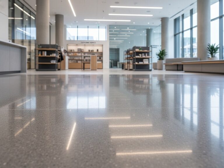 Highly reflective CrylForte Terrazzo flooring with decorative marble chips in a bright, modern commercial space.