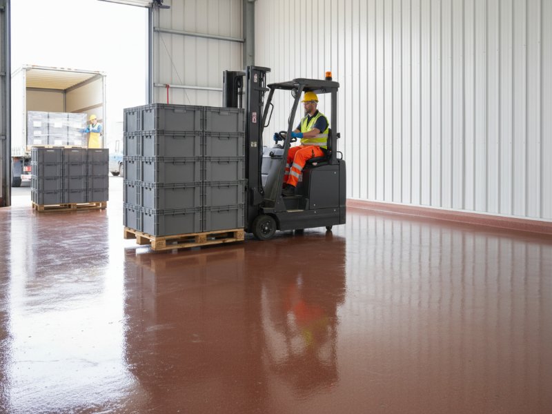 A worker operating a forklift on a durable, high-gloss reddish-brown Sherwin-Williams loading dock floor in a busy warehouse environment.