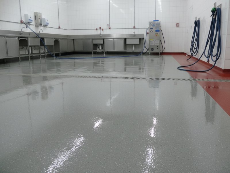 A clean, seamless grey resin floor in a food processing facility washdown area with stainless steel sinks, white tile walls, and wall-mounted blue hoses.