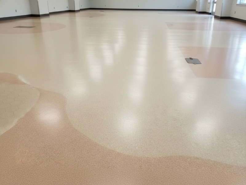 Highly reflective, polished seamless commercial flooring with a two-tone beige and tan curved design in a large, empty room.