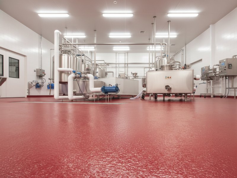 A clean industrial dairy processing plant featuring a textured red seamless floor coating and stainless steel machinery for hygienic food production.