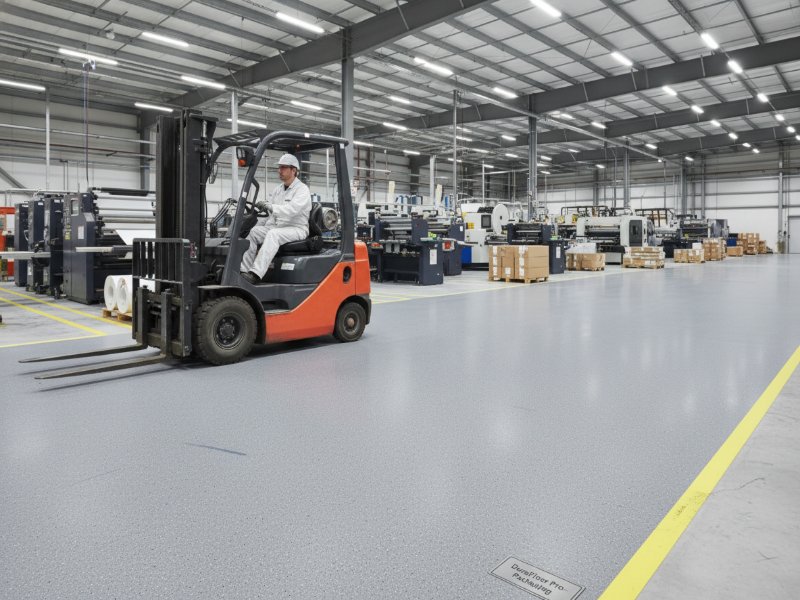 A worker operates a forklift on a durable, light grey resin floor with yellow safety markings in a busy printing and packaging facility.