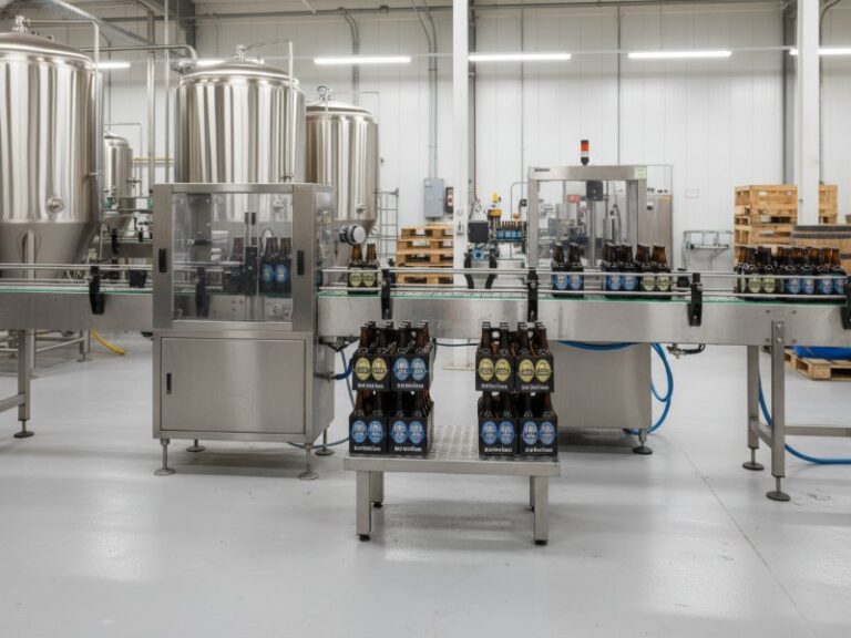 Durable and sanitary light grey flooring in a modern brewery and distillery production facility featuring stainless steel tanks and a bottling line.