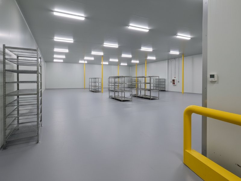A large industrial walk-in freezer featuring seamless grey resin flooring, metal wire shelving units, and bright overhead lighting for a clean and hygienic cold storage environment.
