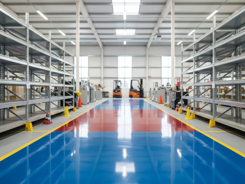 Industrial warehouse featuring KAIDA PAINT's high-gloss blue and red resin Aisleway Flooring system with safety markings, metal shelving units, and forklifts in a clean commercial facility.